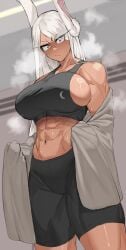 1girls abs angry_face bare_arms bare_shoulders big_breasts bunny_ears bunny_girl clothed clothing color dark-skinned_female dark_skin female female_focus female_only hi_res large_breasts long_hair looking_at_viewer miruko muscles muscular muscular_female my_hero_academia red_eyes rumi_usagiyama solo solo_female soolee040995 sweat tagme thick_thighs white_hair