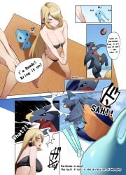 1girls comic cynthia_(pokemon) english_text female garchomp manaphy pokemon pokemon_(species) pokephilia speech_bubble yuuyuu_(yuuki1771)