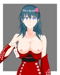 1girls alternate_costume bare_shoulders blue_eyes breasts breasts_out byleth_(fire_emblem) byleth_(fire_emblem)_(female) collarbone expressionless female female_only fire_emblem fire_emblem:_three_houses hair_between_eyes holding japanese_clothes japanese_text kimono large_breasts long_sleeves looking_at_viewer medium_hair nintendo nipples off_shoulder shoulders solo teal_hair text translation_request tsukyoillsut upper_body