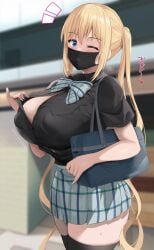 bag black_mask black_shirt black_thighhighs blend_s blonde_hair blue_eyes blurry blurry_background blush bouncing_breasts breast_pocket breasts collared_shirt commentary_request covered_nipples cowboy_shot dress_shirt female hair_between_eyes hand_up hinata_kaho huge_breasts long_hair mask miniskirt motion_lines mouth_mask no_bra noripachi notice_lines one_eye_closed plaid plaid_skirt pocket school_bag school_uniform shirt shirt_tucked_in short_sleeves skirt solo thick_thighs thighhighs thighs translated twintails very_long_hair