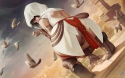 anus arm_blade armlet ass assassin's_creed_(series) back backless_outfit bird black_hair blurry blurry_background boots cityscape commentary concealed_weapon dated dove dutch_angle english_commentary female female_pubic_hair fingerless_gloves from_behind full_body genderswap_(mtf) gloves hidden_blade_(assassin's_creed) highres hood hood_up knee_boots leather leather_boots leather_gloves leg_ribbon looking_at_viewer looking_back minaret no_bra paid_reward_available pubic_hair purple_eyes pussy ribbon rule_63 signature skindentation sky solo squatting star_(sky) starry_sky themaestronoob thigh_ribbon thighs tiptoes turning_head underwear variant_set watermark weapon white_hood