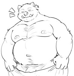 2022 anthro belly big_belly genitals hi_res humanoid_hands kemono male mammal moobs navel nipples overweight overweight_male penis simple_background sketch solo suid suina sus_(pig) towel white_background whitebeast20 wild_boar