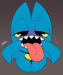 adorabat anthro bat bat_wings big_ears black_eyebrows black_eyelashes black_eyes blue_ears blue_fur blue_wings eye_roll eyelashes female kneeling mao_mao:_heroes_of_pure_heart open_mouth ota_(artist) pink_tongue saliva sharp_teeth solo teeth tongue_out yellow_sclera