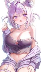 1girls ahoge animal_ear_fluff bare_shoulders breasts cat_ears cat_girl cleavage collarbone fangs hololive hololive_gamers hololive_japan large_breasts medium_hair misyune navel nekomata_okayu open_mouth purple_eyes purple_hair two_side_up virtual_youtuber