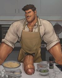 apron balls bara big_balls big_penis boner clothing erection facial_hair frank_(kenkudog) kenkudog male male_only moustache muscles muscular penis penis_on_table penis_out precum solo solo_male