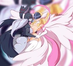 2020 2girls angewomon ass blonde_hair blush breasts breasts_to_breasts digimon female female_only grey_hair helmet hi_res ladydevimon long_hair lunaexhabbitix thick_thighs wings yuri