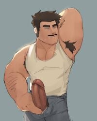 1boy armpit_hair balls bara big_balls big_penis boner clothing erection facial_hair frank_(kenkudog) hand_behind_head kenkudog male male_only moustache muscles muscular penis penis_out penis_through_fly solo solo_male