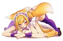 animal_ear_fluff animal_ears ass bikini black_footwear blonde_hair blush breasts female female_focus fox_ears fox_tail furry furry_female highres jack-o_pose large_breasts legs_apart maid maid_headdress micro_bikini original purple_eyes purple_legwear sakuragiyomi shoes simple_background solo swimsuit tail thighhighs white_background wrist_cuffs