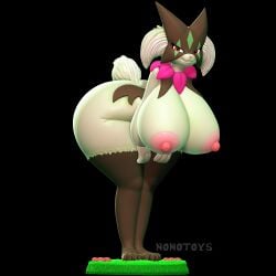 3d_(artwork) anthro ass bent_over big_breasts big_butt breasts claws digital_media_(artwork) female flower generation_9_pokemon grass green_body hands_on_legs hands_on_thighs hi_res meowscarada nintendo nipples nonotoys paws pinup plant pokemon pokemon_(species) pose raised_tail red_eyes smile solo tail