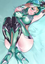 absurdres aqua_bodysuit aqua_eyes arion_canvas bishoujo_senshi_sailor_moon blush bodysuit breasts circlet clothing covered_nipples elbow_gloves female gloves green_hair high_heels highres impossible_bodysuit impossible_clothes impossible_leotard leotard lips lying michiru_kaioh revision sailor_neptune short_hair skin_tight small_breasts smile solo stockings swept_bangs taimanin_(series) taimanin_suit