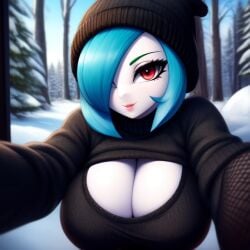 1girls ai_generated blue_hair clothed gardevoir pokémon_(species) pokemon pokemon_(species) red_eyes shiny_gardevoir shiny_pokemon winter