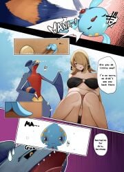 1girls comic cynthia_(pokemon) english_text female garchomp manaphy pokemon pokemon_(species) pokephilia speech_bubble yuuyuu_(yuuki1771)