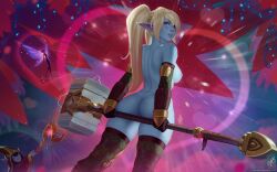 2girls alternate_breast_size alternate_height ass ass_support black_gloves blonde_hair breasts brown_thighhighs from_behind gloves hammer heart highres holding holding_hammer holding_staff large_breasts league_of_legends looking_at_viewer looking_back lulu_the_fae_sorceress magic multiple_girls nipples pix_(lol) poppy pussy pussy_peek riot_games solo_focus staff themaestronoob thighhighs topless twintails yordle