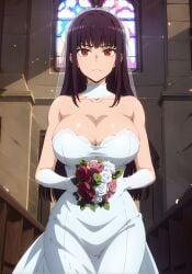 ai_generated black_hair breasts female huge_breasts large_breasts please_don't_bully_me,_nagatoro president_(nagatoro) red_eyes sana_sunomiya subaruarm wedding_dress wide_hips