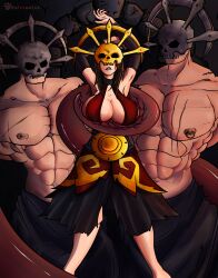 2boys 2boys1girl arms_up armwear big_breasts biting_lip breasts brown_hair cleavage clothed clothing covered_eyes cultist cultist_acolyte cultist_brawler darkest_dungeon dress dungeon eyes_covered female femsub helmet_over_eyes huge_breasts imminent_rape imminent_sex large_breasts lipbite mask masked_female masked_male mmf_threesome muscular muscular_male nsfvvealot presenting restrained ripped_clothing scars straight tentacle tentacles_around_legs