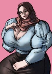 1girls aep127035 cleavage extreme_muscles female fully_clothed headscarf hijab huge_breasts light-skinned_female light_skin lipstick looking_at_viewer muscular muscular_female pencil_skirt self_upload skirt solo tagme