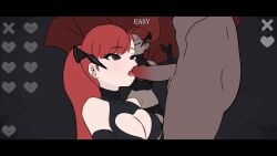 1boy 1girls 2d animated blowjob cum cum_in_mouth dark-skinned_male dark_skin deepthroat dong134 drooling edit fellatio female gif hand_on_head knights_(dong134) light-skinned_female light_skin no_sound red_eyes red_hair tagme tongue video