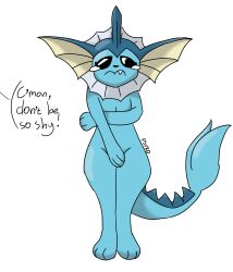 artist_name artist_signature blue_skin covering_body covering_breasts covering_nipples covering_pussy covering_self crying crying_with_eyes_open embarrassed english_text generation_1_pokemon nintendo pokemon pokemon_(species) pokemon_rgby psyko shy small_breasts spiky_tail tail text vaporeon wide_hips