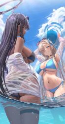 2girls asuna_(blue_archive) beach_ball bikini blonde_hair blue_archive cleaning_&_clearing_(blue_archive) huge_breasts in_water karin_(blue_archive) large_breasts long_hair looking_at_viewer millennium_science_school_student multiple_girls navel sea see-through see-through_clothing see-through_shirt see_through silver_bullet_(ecc12_8) smile smiling smiling_at_viewer swimsuit swimwear white_shirt