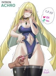 1girls achromaru blonde_hair blue_nails blush breasts embarrassed female green_eyes light-skinned_female light_skin long_hair lusamine_(pokemon) mature_female medium_breasts milf mother nail_polish naughty_face nintendo one-piece_swimsuit pokemon pokemon_sm scissors swimsuit torn_clothes