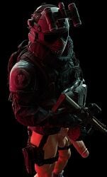 1boy 3d armor black_background call_of_duty call_of_duty_modern_warfare_2_(2022) fu2e7 gun helmet helmet_covering_face human male male_focus male_only masked_male masked_men pale_skin semi-erect semi_clothed solo_focus tactical_gear tactical_vest velikan