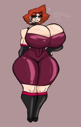 1girls arm_sleeves choker curvy dress freckles freckles_on_face ginger green_eyes hourglass_figure huge_ass huge_breasts jewelry marcy_(shewiff) muscular_female pawg red_hair shewiff smirk solo suggestive_dialogue thick_thighs tight_clothes tight_clothing toned toned_female wide_hips