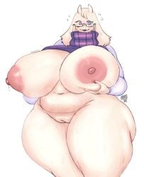 anthro areola big_breasts boss_monster bovid breasts caprine clothed clothing curvy_figure eyewear female floppy_ears fur genitals glasses horn huge_breasts kenjosart long_ears mammal mature_anthro mature_female nipples pink_areola pink_nipples purple_eyes pussy raised_clothing signature solo thick_thighs toriel undertale undertale_(series) voluptuous white_body white_fur wide_hips