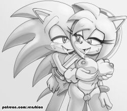 1boy 1boy1girl 1girls 2d 2d_(artwork) 2d_artwork after_kiss amy_rose areola ass belly_button big_areola big_breasts black_and_white breast_grab breasts eyelashes gloves grabbing_another's_breast grabbing_both_breasts hand_on_another's_breast headband headwear huge_breasts large_breasts nipples penis penis_between_thighs precum saliva sega senshion sonic_(series) sonic_the_hedgehog sonic_the_hedgehog_(series) sweat sweatdrop sweating tail thick_hips thick_thighs