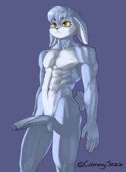 2022 abs anthro big_penis blue_body blue_fur cammyjazz erection foreskin fur genitals hair hi_res humanoid_genitalia humanoid_penis lagomorph leporid long_ears long_penis looking_aside male male_only mammal muscular muscular_anthro muscular_male penis pinup pose rabbit simple_background solo yellow_eyes