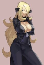 1girls alternate_breast_size big_breasts black_clothing blonde_hair breast_hold breasts busty center_opening cleavage clothed cowboy_shot crossed_arms cynthia_(pokemon) eu03 female female_focus female_only fur_collar game_freak hair_ornament hair_over_one_eye highres huge_breasts jacket large_breasts long_coat long_hair looking_at_viewer mature mature_female mature_woman nintendo no_bra pants pokemon sensual smile solo standing very_long_hair yellow_eyes