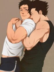 2boys bara biceps black_hair dolphin_shorts gay grabbing grabbing_from_behind haikyuu!! kissing kissing kissing_neck kuroo_tetsurou looking_at_another male/male male_focus muscular muscular_male pants pectoral_grab riffraff riffraffhellyea sawamura_daichi shirt short_hair shorts smile tagme tank_top toned toned_male yaoi