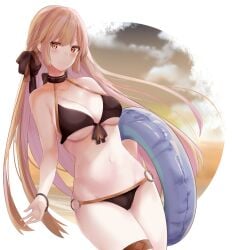 bangle bangs bikini black_bikini blonde_hair blush bracelet breasts choker cleavage closed_mouth collarbone eyebrows_visible_through_hair female girls'_frontline groin hair_ribbon holding holding_innertube innertube jewelry long_hair looking_at_viewer navel o-ring o-ring_bikini ots-14_(girls'_frontline) ribbon ru_zhai smile solo stomach swimsuit thigh_strap very_long_hair yellow_eyes