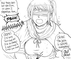 2022 :o ball_crushing ballbusting bangs bb_(baalbuddy) big_breasts black_and_white blind blind_girl blindfold blood blush breasts clothed_breasts clothed_female comic cracked_balls elden_ring english_text fromsoftware funny humor hyetta_(elden_ring) monochrome open_mouth parody ponytail popped_balls sketch tagme tarnished text