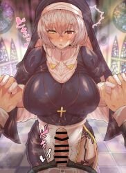 1boy alicia_renato_(yashiro_sousaku) bangs bar_censor black_dress blurry blurry_background borrowed_character censored church covered_navel cross cross_necklace crossed_bangs dress erection eyebrows_visible_through_hair female garter_belt gloves habit hair_between_eyes heterochromia highres holding_hands indoors interlocked_fingers jewelry long_sleeves looking_at_penis looking_down medium_hair necklace nun original parted_lips penis pink_hair pov red_eyes solo_focus sweat wakura_(gcdan) wavy_mouth white_gloves yellow_eyes