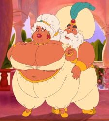 1boy 1girls aladdin aladdin_(1992_disney_film) aladdin_(character) ass_grab baggy_clothing disney double_chin fondling gilf king large_belly large_breasts middle_eastern_clothing navel_piercing obese obese_female old_man old_woman queen rule_63 saturnxart sultan_(aladdin) turban what white_hair