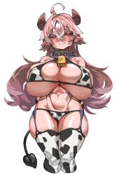 ahoge animal_ears animal_print arms_behind_back bare_shoulders bell bikini black_legwear black_tail blue_collar blush cameltoe chinese_zodiac closed_mouth collar covered_nipples cow_ears cow_girl cow_horns cow_print cow_tail elbow_gloves eyebrows_visible_through_hair eyes_visible_through_hair female female garter_straps gloves grey_hair half-closed_eyes highres horns huu_(mohujirou1811) long_hair multicolored_hair navel neck_bell original pink_hair red_eyes shiny shiny_hair shiny_skin simple_background skindentation smile swimsuit tail thighhighs white_background white_legwear year_of_the_ox