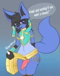 anthro blue_body blue_fur canid canine canis clothed clothing dialogue digital_media_(artwork) erection fluffy fluffy_tail fur genitals gyrodraws hi_res jackal looking_at_viewer lucario male male_only mammal nintendo penis pokemon pokemon_(species) presenting presenting_penis ruins_style_lucario simple_background solo speech_bubble talking_to_viewer text thick_thighs video_games