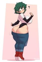 ? ass_focus big_ass big_breasts big_butt borvar embarrassed female female_deku genderswap_(mtf) green_hair huge_breasts izuku_midoriya my_hero_academia rule_63 solo tight_clothing