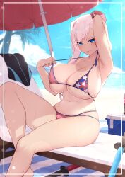 armpits ass big_ass big_breasts bikini blue_eyes breasts fate/grand_order fate_(series) female fer_ei looking_at_viewer miyamoto_musashi_(fate) miyamoto_musashi_(swimsuit_berserker) smile sweat thick_thighs undersized_clothes white_hair