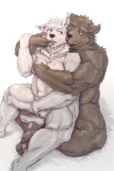 2014 anthro balls blush bodily_fluids canid canine cum duo genital_fluids genitals humanoid_hands kemono male male/male male_only mammal musclegut oaks16 penis sitting ursid