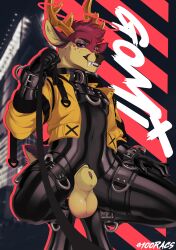 absurd_res animal_genitalia ankle_cuffs anthro antlers balls bondage cervid clothing collar cuff_(restraint) dominant dominant_male fangs first_person_view freckles genitals gomi hand_on_leg hand_on_thigh harness hi_res horn inner_ear_fluff jacket leash leashed_pov lindelon looking_at_viewer male mammal narrowed_eyes purple_eyes restraints rubber rubber_clothing rubber_suit sheath solo straps submissive submissive_pov techwear thigh_cuffs topwear tuft wrist_cuffs