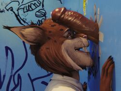 2022 3d_(artwork) anthro bathroom blacksad blacksad:_under_the_skin blender_(software) bodily_fluids brown_body brown_fur brown_hair claws clothed clothing digital_media_(artwork) dots duct_tape erection fangs felid feline felis fluffy_ears fur genital_fluids genitals glory_hole hair hi_res humanoid_genitalia humanoid_penis joe_dunn k'joor_(artist) leaking leaking_precum lynx male male/male mammal marker markings nails open_mouth penile penis precum public_restroom restroom_stall scar sharp_claws sharp_teeth shirt simple_background smile solo spots spotted_body spotted_fur spotted_markings sticker tape teeth text tongue topwear vein veiny_penis white_body white_fur