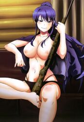 big_breasts black_panties blue_eyes blue_hair blue_jacket bomber_jacket feet jacket jacket_on_shoulders jacket_open jacket_removed kusakabe_asako large_breasts panties ponytail purple_hair smirk smirking smirking_at_viewer smug sniper sniper_rifle thong