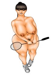 1girls bangs belly_button big_ass big_breasts curvy huge_areolae huge_breasts huge_nipples large_areolae large_breasts looking_at_viewer naked nude_female original_character plumperpass ponytail pov pubic_hair racquet smiling_at_viewer sneakers thick thick_ass thick_thighs tied_hair