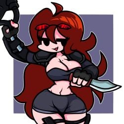 1girls :3 agent_gf_(friday_night_funkin) armor armored_gloves auburn_hair big_breasts big_cleavage cleavage clothes_in_the_air female female_only fingerless_gloves fnf_mods friday_night_funkin girlfriend_(friday_night_funkin) knife long_hair looking_at_viewer marblemaple5 mittens mole newgrounds red_glasses red_nails red_sunglasses shorts smile smug solo sunglasses sunglasses_on_head swinging_clothes tagme thighhighs