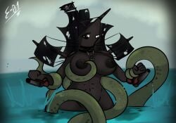 anthro areola black_body black_nipples boat bodily_fluids breast_grab breasts cannon cephalopod coleoid convenient_censorship digital_media_(artwork) disney duo e-01 female forced genitals hand_on_breast hi_res kraken living_machine living_ship living_vehicle living_watercraft machine marine mollusk nipples nude outside pirate pirates_of_the_caribbean ranged_weapon sea ship shipmorph simple_background solo tentacle tentacle_sex vehicle water watercraft weapon