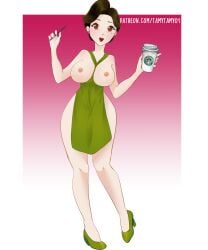 apron_only big_breasts black_hair brown_eyes disney gradient_background high_heels milf ming_lee mole mole_under_eye naked_apron nipples pixar purple_background solo starbucks tamytamy01 turning_red white_background