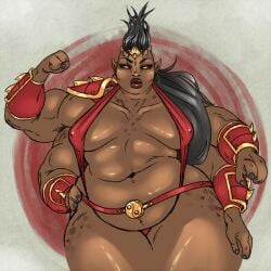 1girls 2d 4_arms bbw black_hair chubby chubsmuggler fat female female_only horns monster_girl mortal_kombat multi_arm multi_limb muscular muscular_arms muscular_female obese overweight overweight_female sheeva solo solo_female string_bikini strongfat