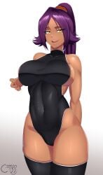 1girls absurd_res big_breasts bleach breasts castell dark-skinned_female dark_skin eye_contact female female_focus female_only high_resolution leotard long_hair looking_at_viewer purple_hair shihouin_yoruichi standing thighhighs thighs thunder_thighs wide_hips yellow_eyes