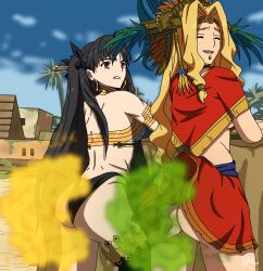 2girls beanermane black_hair black_panties blonde_hair closed_eyes fart fart_cloud fart_fetish farting fate/grand_order fate_(series) ishtar_(fate/grand_order) multiple_girls open_mouth panties quetzalcoatl_(fate) red_eyes smile sweat